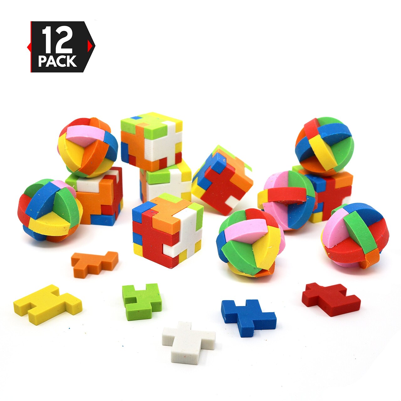 Big Mo's Toys Puzzle Erasers - Individually Wrapped Goody Bag Party Favor And Stocking Stuffers Pencil Eraser - 6 Balls And 6 Cubes
